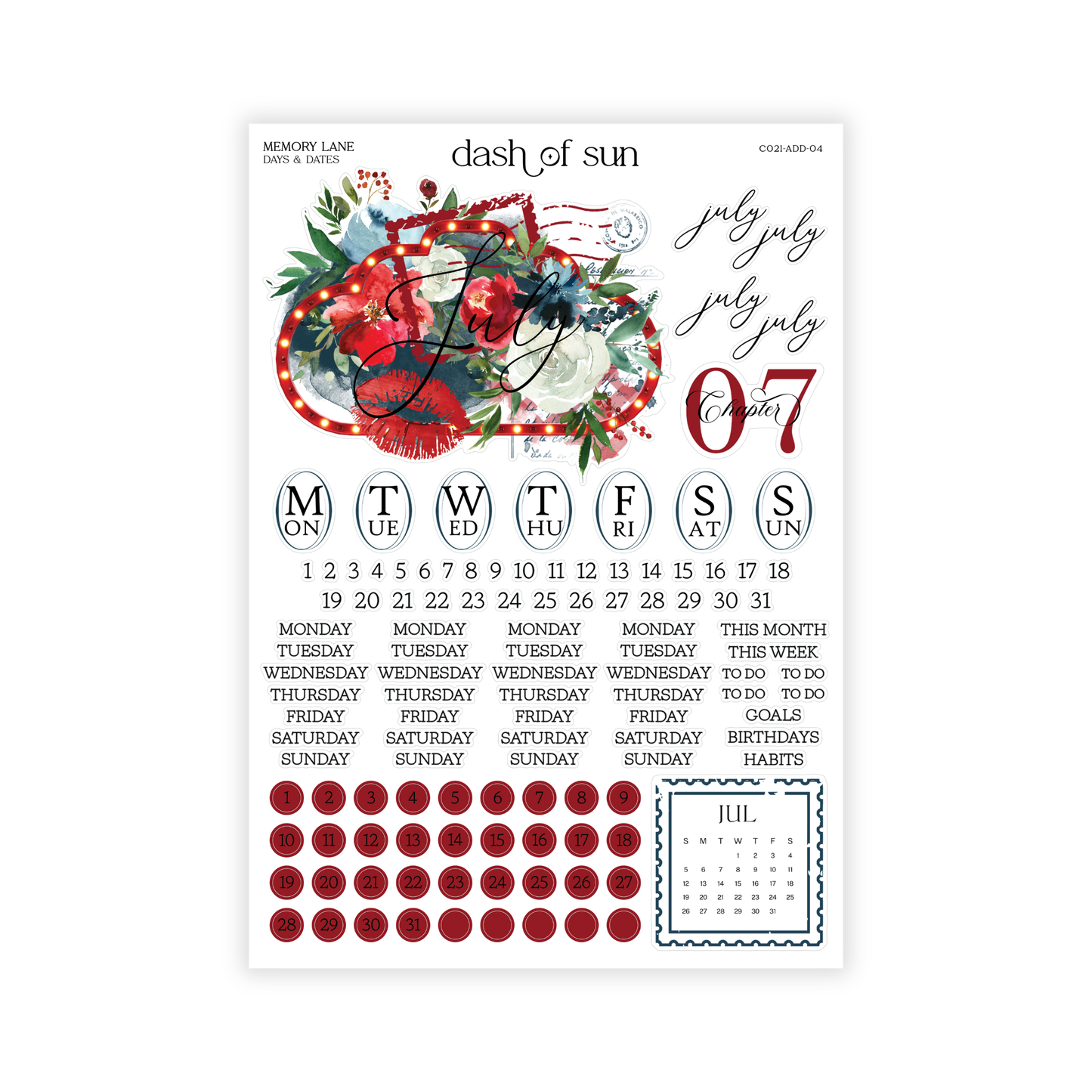 Memory Lane | July 2026 Monthly Dates & Dots